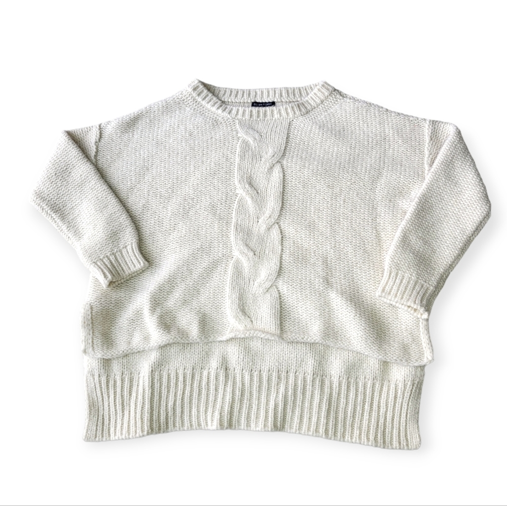 Eileen Fisher Baby Alpaca Cable Knit Boxy Hi-Low Sweater in Cream Small